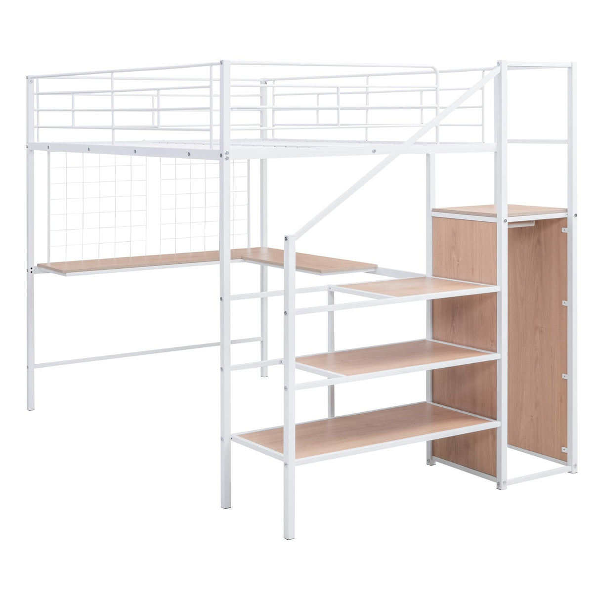 Bellemave Full Size Loft Bed with Desk and Wardrobe, Full Loft Bed with Storage Stairs, Loft Bed Full Size for Adults, Kids, Teens Metal, White Bellemave