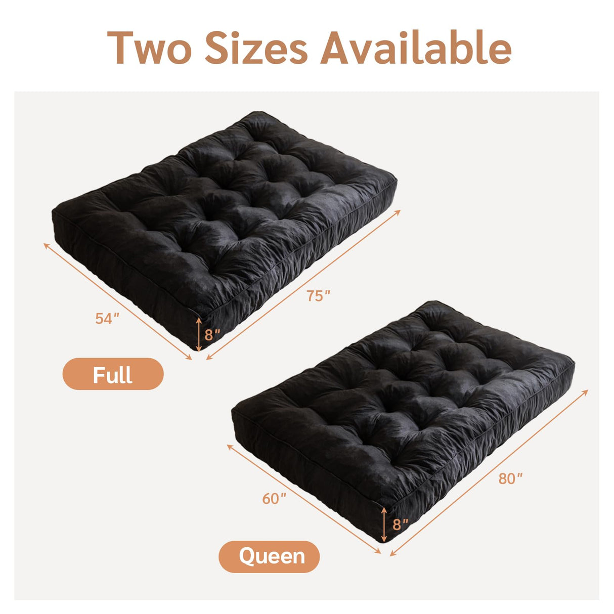 YOSHOOT 8 Inches Futon Mattress Full Size, Thick Futons Sofa Couch Bed, Floor Mattress for Adults, Shredded Foam Filling, Medium Firm(Frame Not Included), Black YOSHOOT