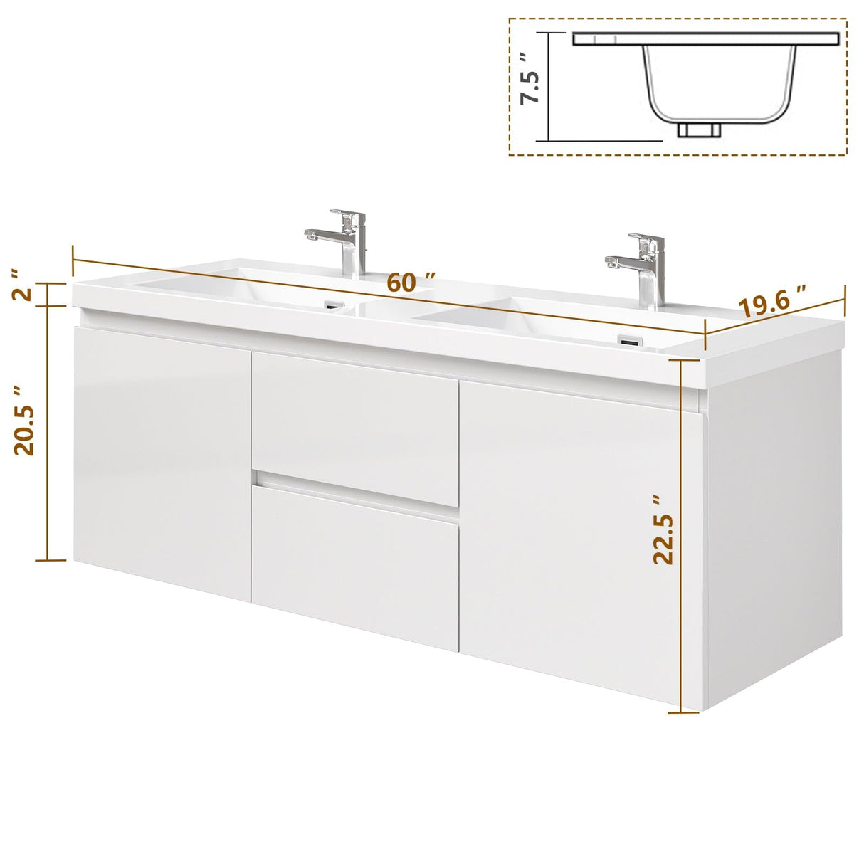 MODCART 60inch Bathroom Vanity with Double Sink Combo Set, Wall Mounted Floating Storage Vanities Cabinet of 2 Soft-Close Drawers and Doors MODCART