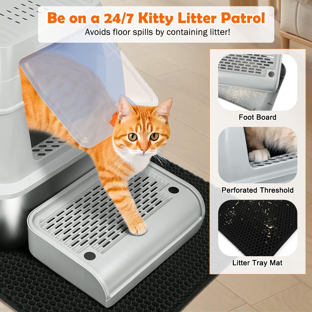 SZEE XL Stainless Steel Litter Box, Top Exit Design, Non Stick, No Smell, Easy Cleaning, Activated Charcoal Odor Control Design, Half/Fully Enclosed Design, Footboard, Trapping Mat & Scoop Included SZEE