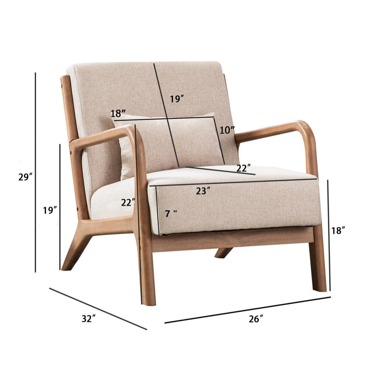 INZOY Mid Century Modern Accent Chair with Wood Frame, Upholstered Living Room Chairs with Waist Cushion, Reading Armchair for Bedroom Sunroom (Beige) INZOY