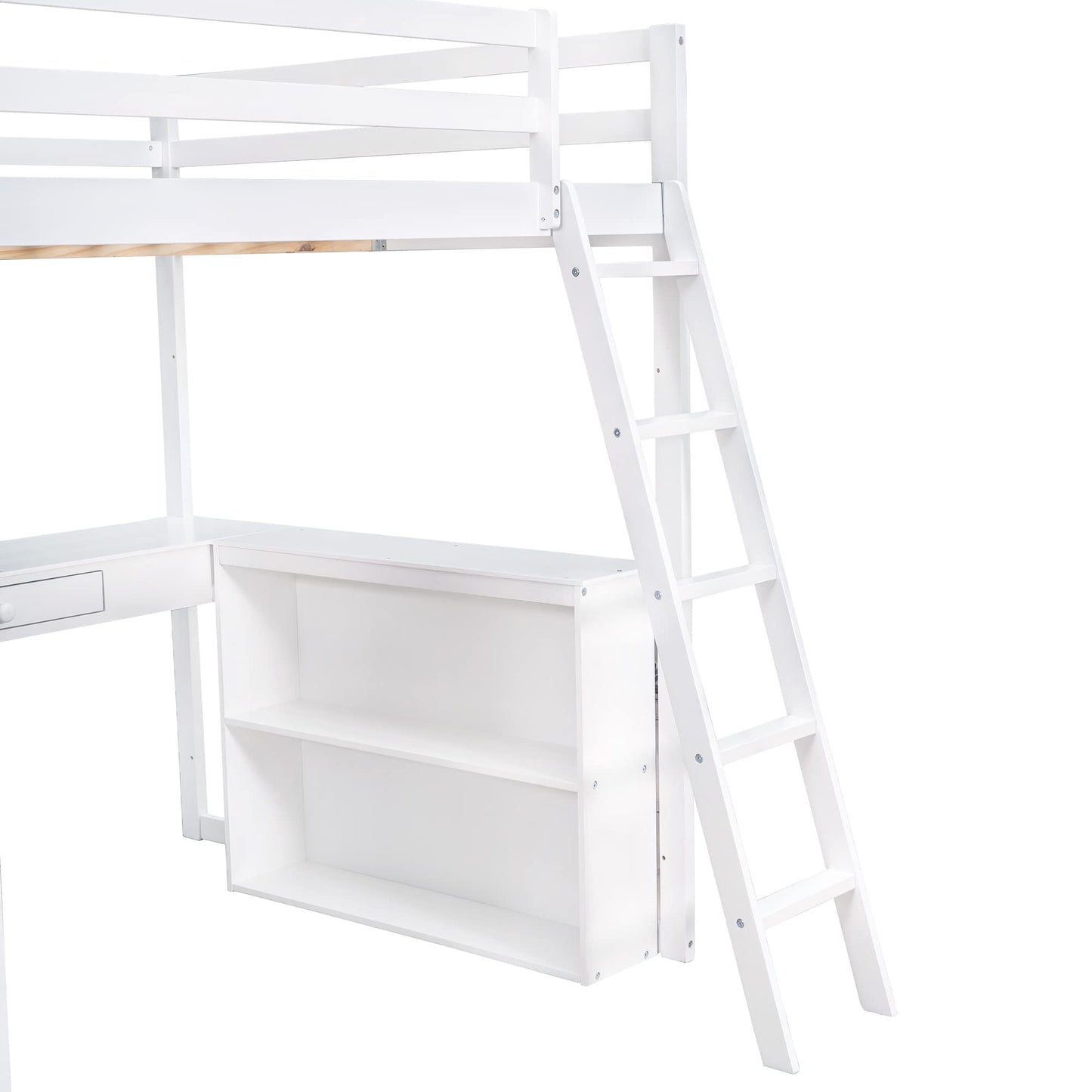 Versatile Full Size Loft Bed with Desk, Shelves, Drawer and Ladder – Solid Wood Frame in White - WoodArtSupply