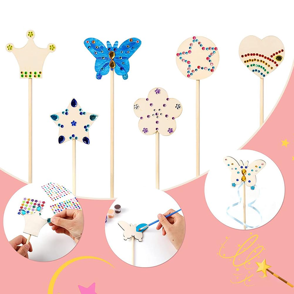 ccHuDE 18 Pcs 6 Styles Unfinished Wooden Princess Wands Wood Fairy Wands DIY Magical Wand Make Your Own Princess Wand with 3 Sheets Gem Stickers for Party ccHuDE
