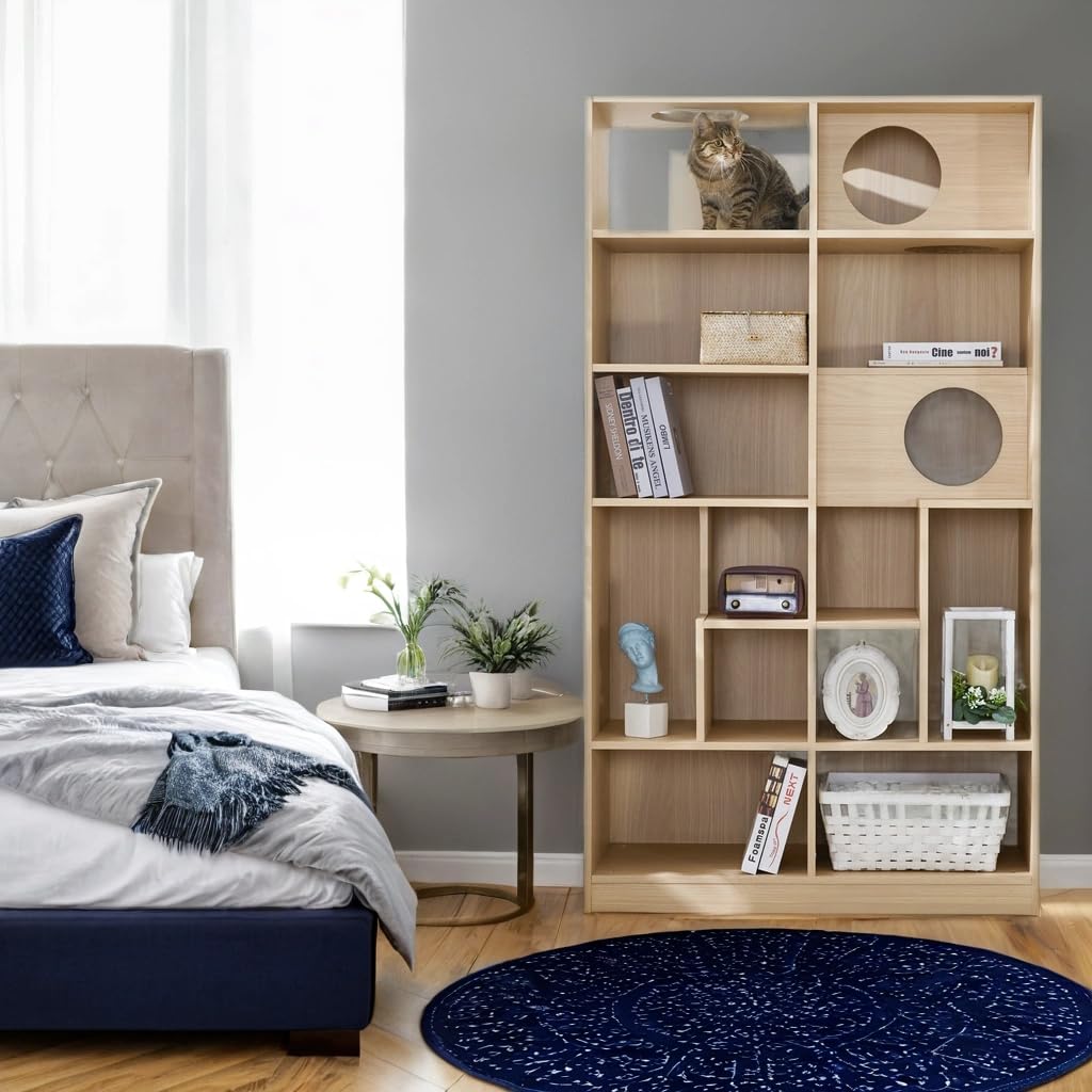 EMOBACO Bookcase Wooden Cat Tree, Natural Bookshelf Indoor Cat House Pet Furniture, Display Case with Storage, Cat Litter Box Enclosure Climbing Shelf EMOBACO