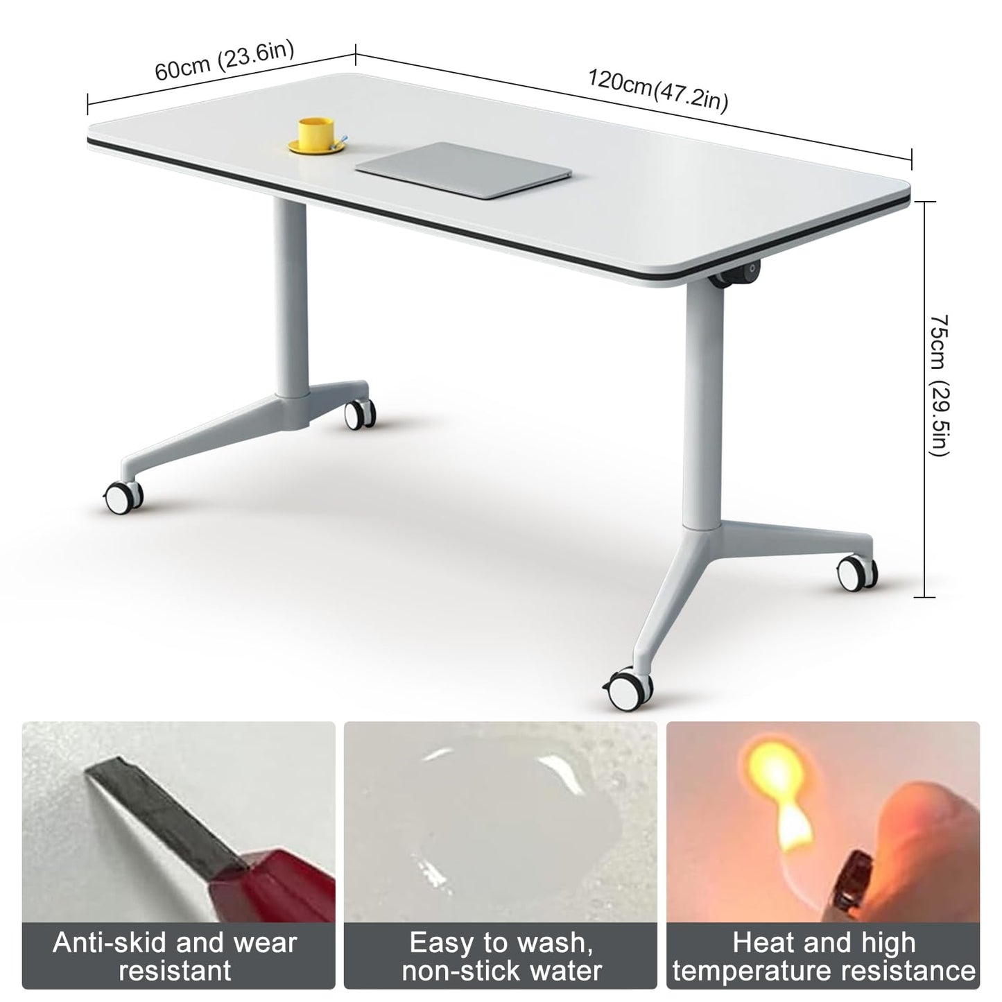 Conference Table Flip Top Mobile Training Table,White Folding Conference Room Table,Modular Meeting Table with Silent Wheels,Rounded Corner Design with Strong Metal Legs for Office,Classroom  - WoodArtSupply