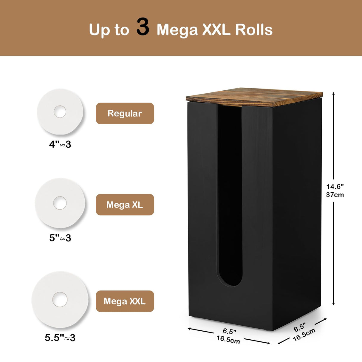 GCWSTJK Black Freestanding Wooden Toilet Paper Holder Stand, Rustic Bathroom Storage Organizer with Burnt Wood Lid, Fits 3 Extra XXL Toilet Paper Rolls GCWSTJK