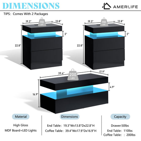 AMERLIFE High Gloss 3 Pieces Living Room Table Set, Modern LED Coffee Table Sets of 3, 2-Tier Center Table with 2 End Side Tables, LED Lights Bedside Table Nightstands with Charging Station, Black AMERLIFE