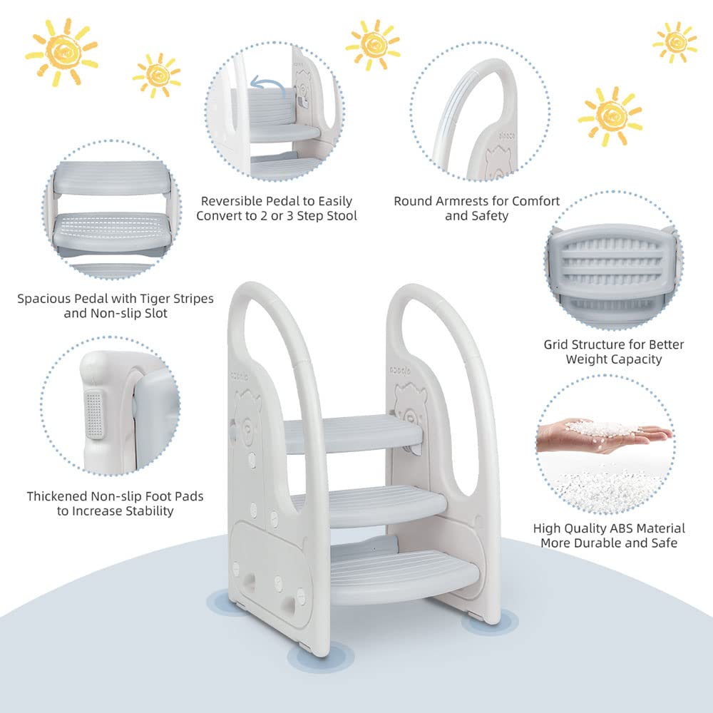 Toddler 3 Step Stool Onasti Kids Standing Tower for Toddlers Plastic Learning Helper Stool for Kitchen Counter Bathroom Sink Toilet Potty Training with Handles and Non-Slip Pads-Grey White Onasti