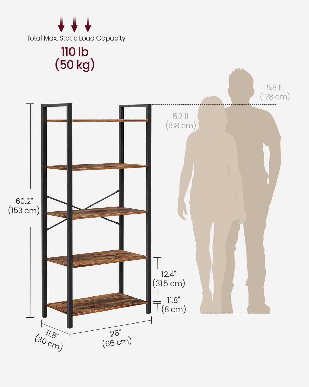 VASAGLE 5-Tier Bookshelf, Bookcase with Steel Frame, Book Shelf for Living Room, Home Office, Study, 11.8 x 26 x 60.2 Inches, Industrial Style, Rustic Brown and Ink Black ULLS061B01 VASAGLE