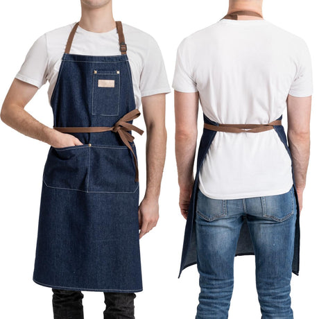ROTANET Denim Work Apron with 3 Pockets Jean Shop Aprons for Chef Hairstylist Kitchen Woodworking for Men Women Blue ROTANET