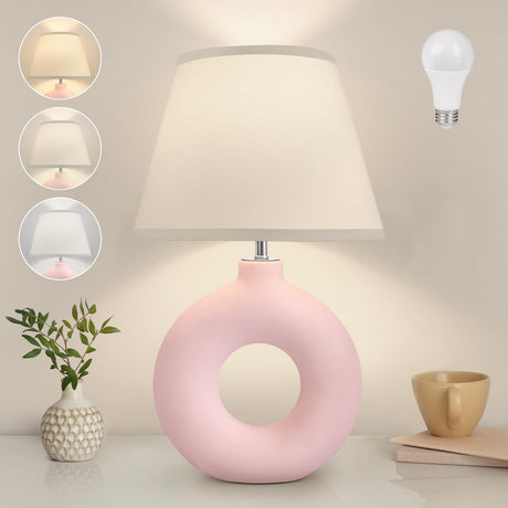 Yacoto Pink Ceramic Table Lamp for Living Room Bedroom, 21" Modern Bedside Lamps for Kids Room 3 Color Temperature Small Table Lamps for Night Stands, Dorm, Dining Room, Home Décor (Bulb Included) Yacoto