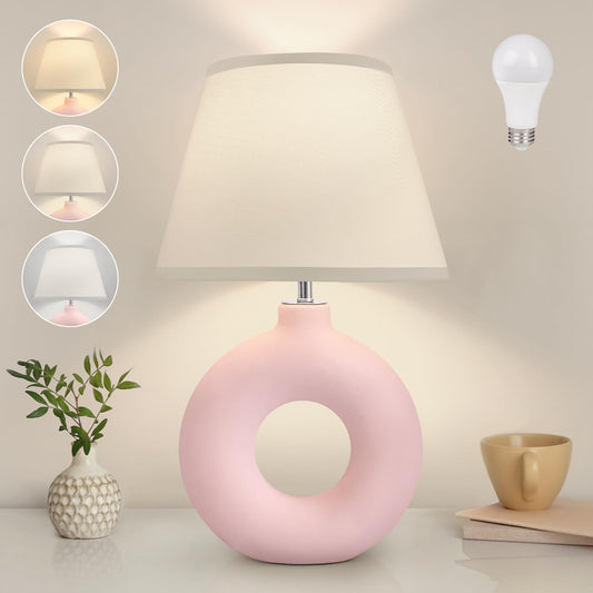 Yacoto Pink Ceramic Table Lamp for Living Room Bedroom, 21" Modern Bedside Lamps for Kids Room 3 Color Temperature Small Table Lamps for Night Stands, Dorm, Dining Room, Home Décor (Bulb Included)