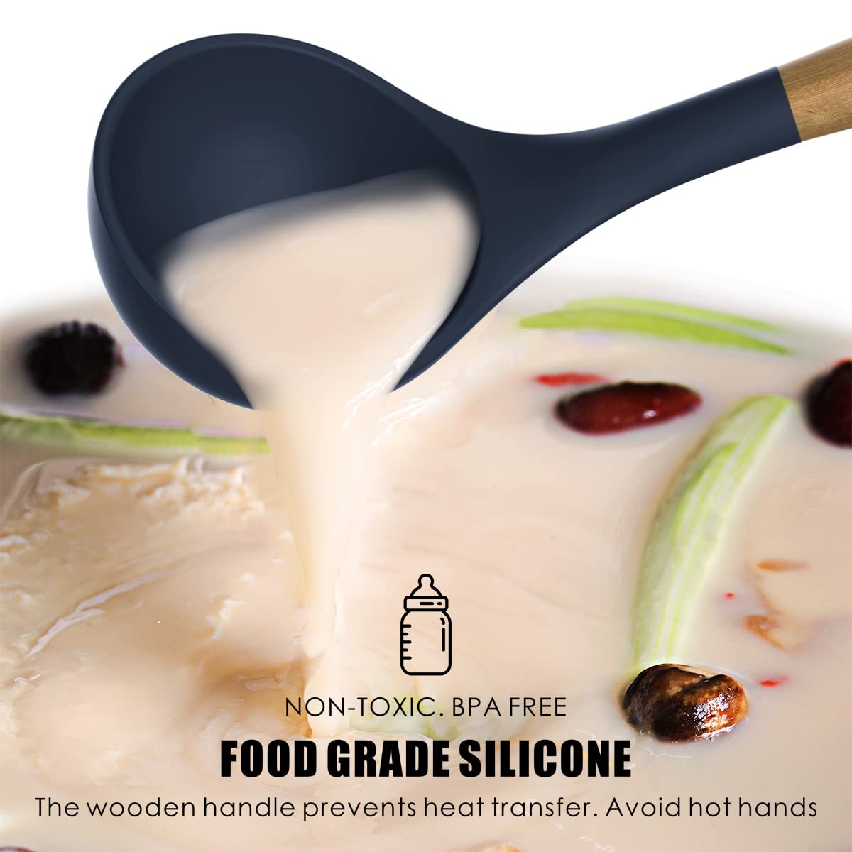 Silicone Cooking Utensils Set - 446°F Heat Resistant Silicone Kitchen Utensils for Cooking,Kitchen Utensil Spatula Set w Wooden Handles and Holder, BPA FREE Gadgets for Non-Stick Cookware (Navy Blue) oannao