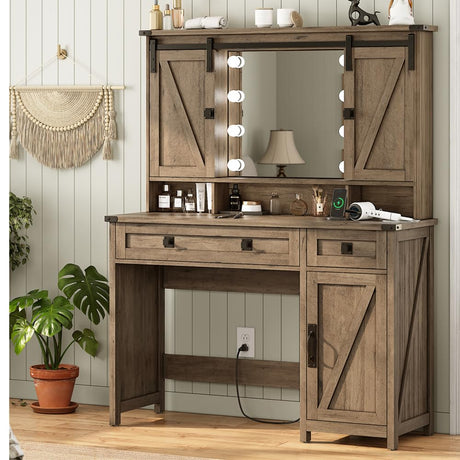 AOGLLATI Makeup Vanity with Lights & Barn Doors, Vanity Desk with Mirror and Lights & Charging Station, Farmhouse Brown Vanity Table with Jewelry Hooks and Open Storage Shelves AOGLLATI