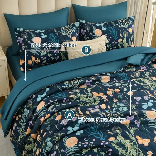 Yiran Comforter Set Queen Size, 7 Piece Peacock Blue Floral Comforters Lightweight Bedding Set Bed in a Bag Soft Microfiber Complete Botanical Beds Sets with Sheets for All Season Winter Spring Yiran
