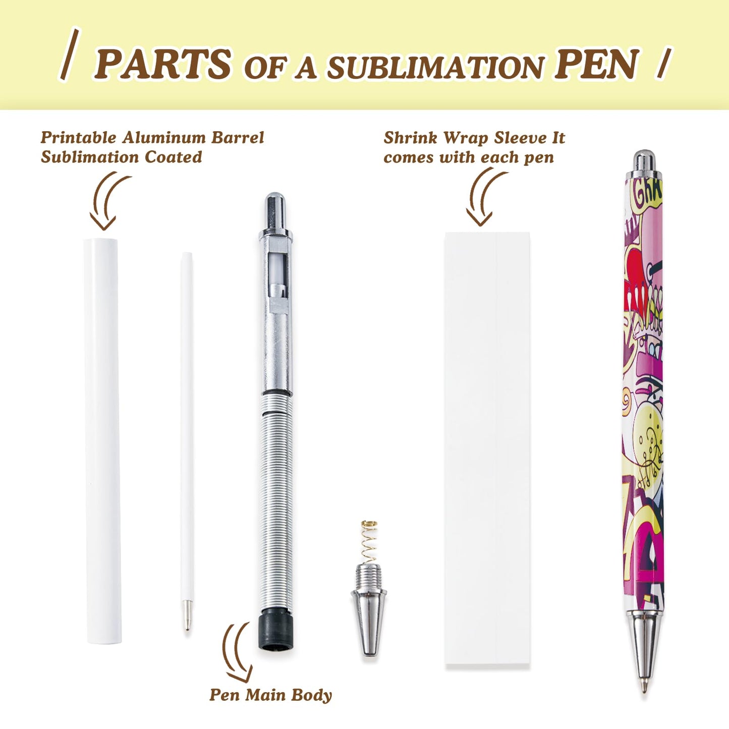 30 Pack Sublimation Pens Blank With Shrink Wrap, No Clip Heat Transfer Sublimation Ballpoint Pen, White Aluminum Personalized Customized Sublimation Pen for DIY Office School Stationery Supplies