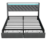 SADENICEL Full Size Bed Frame with Storage Headboard and 2 Drawer, Metal Full Bed Frame Platform with LED Light, Charging Station, No Box Spring Needed, Noise Free, Easy Assembly, Grey SADENICEL