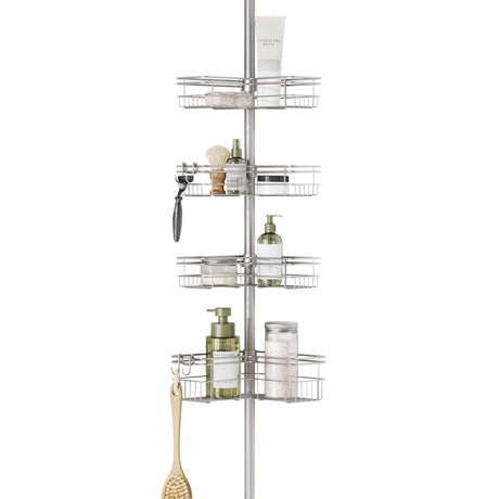 Zenna Home Tension Pole Shower Caddy Corner Organizer, Adjustable Standing Shower Caddy with 4 L-shaped Baskets and Hooks, Rust Resistant Bathroom Tension Rod Organizer, 60 to 97 Inch, Satin Nickel Zenna Home