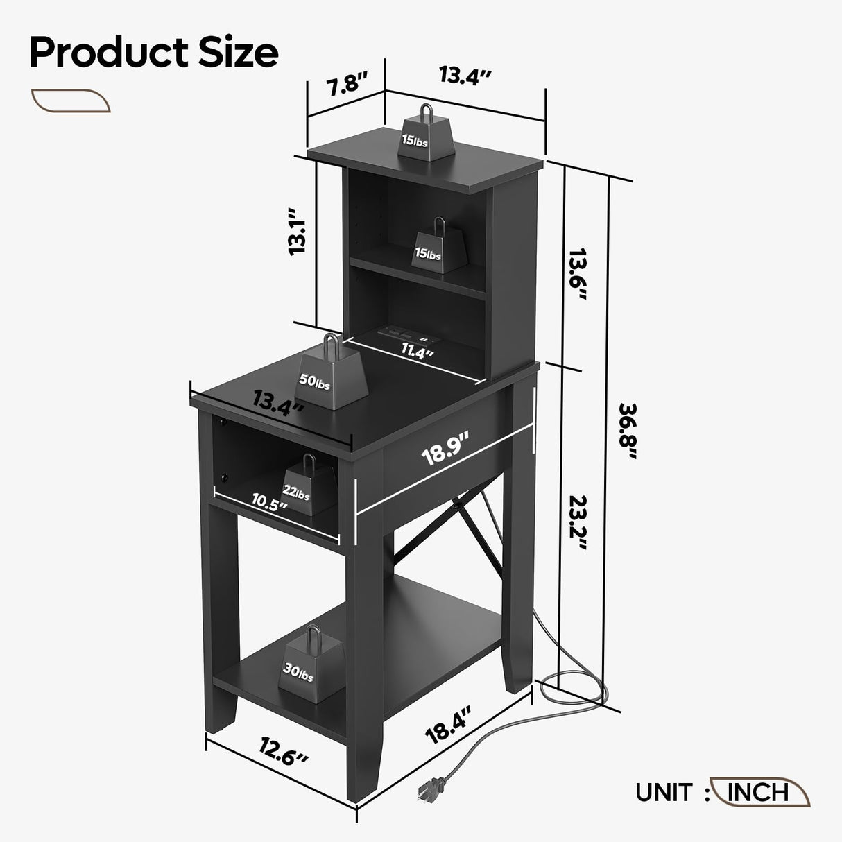 Bestier Tall Nightstand with Charging Station Set of 2, Bedside Table with Storage Cabinet & Shelves, Tall Side End Table for Bedroom, Black Bestier