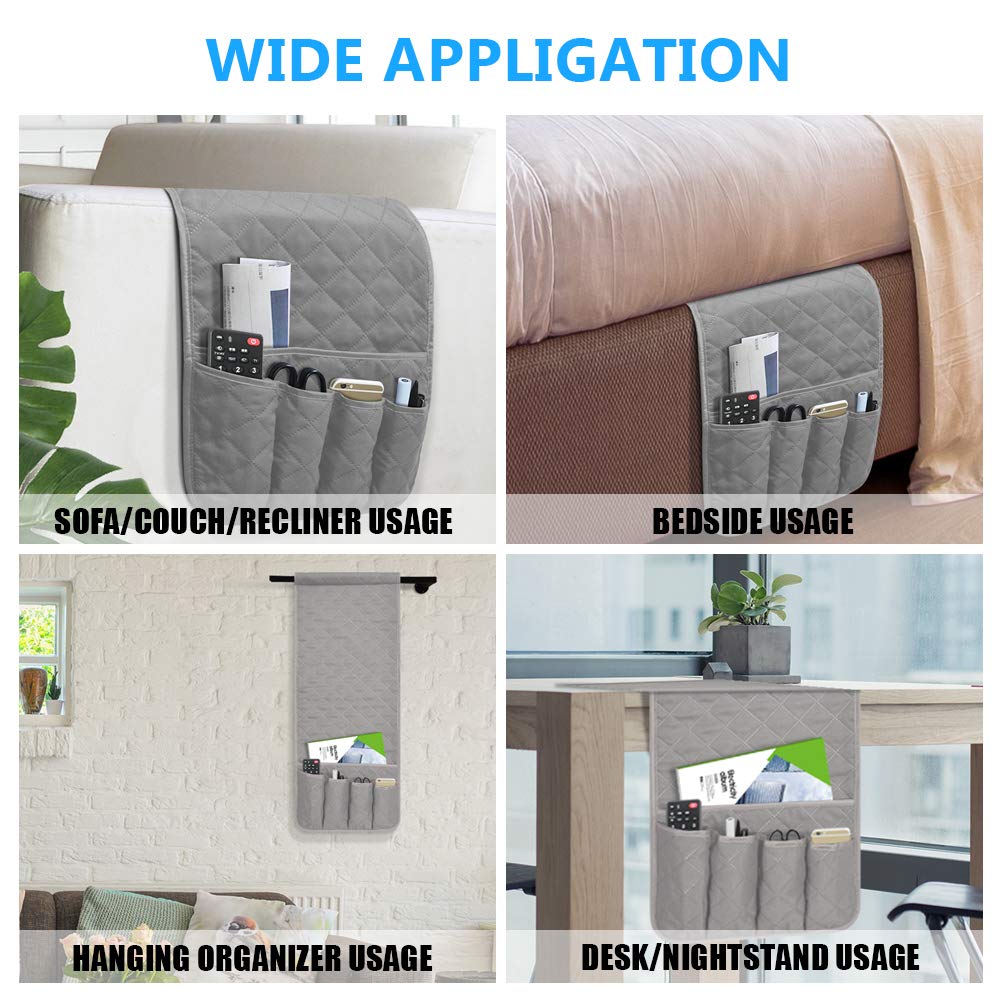 Sofa Armrest Organizer Non-Slip Arm Chair Bedside Caddy Storage Organizer for Recliner Couch with 5 Pockets for Cell Phone TV Remote Control Magazines(Grey) AUVCAS