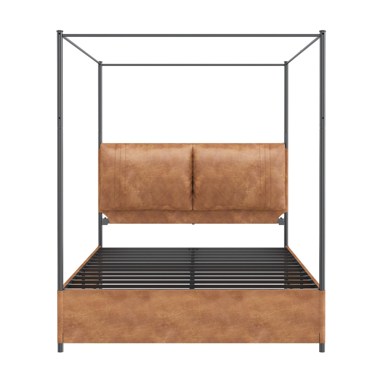 Modern Canopy Bed Frame with Upholstered Faux Leather Headboard – Tall Four Poster Metal Platform Bed, No Box Spring Needed, Queen Size, Brown and Black SAMTRA