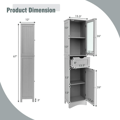 Tangkula 67" Tall Bathroom Storage Cabinet, Slim Freestanding Tower w/ 2 Doors & 1 Drawer, Narrow Floor Cabinet w/Adjustable Shelves & Tempered Glass Door for Bathroom Living Room (Grey) - WoodArtSupply