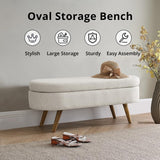 43.5 Inches Storage Ottoman Bench, Linen Upholstered Entryway Bench with Solid Wood Legs & Safety Hinge Flip Top, Oval Foot Rest Sofa Stool for Bedroom End of Bed Living Room, 250 lbs Load, Beige Zaboro