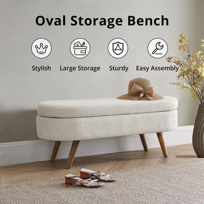 43.5 Inches Storage Ottoman Bench, Linen Upholstered Entryway Bench with Solid Wood Legs & Safety Hinge Flip Top, Oval Foot Rest Sofa Stool for Bedroom End of Bed Living Room, 250 lbs Load, B - WoodArtSupply