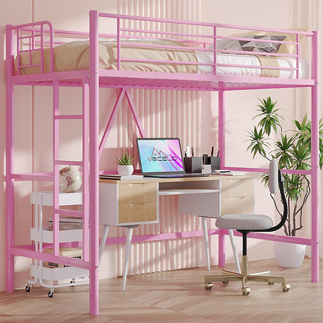 VECELO Loft Bed Twin Size, Metal Bedframe with Removable Ladder and Safety Guardrail, No Box Spring Needed, Space Saving, Noise Free, Light Pink VECELO
