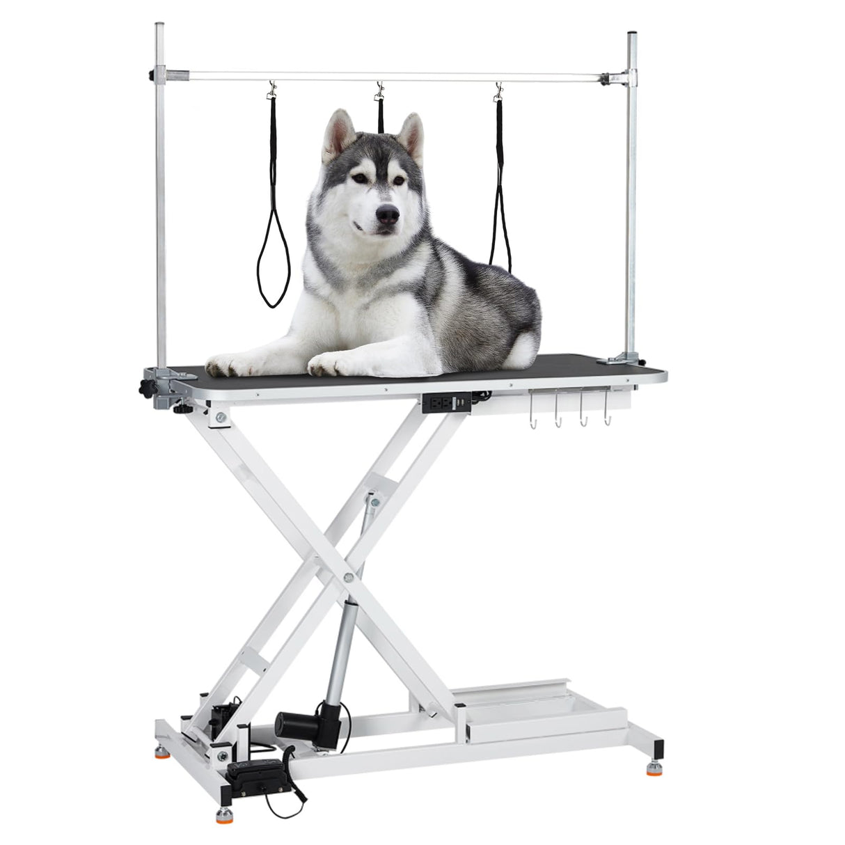 47” Electric Lift Dog Grooming Table (White), Heavy Duty Electric Grooming Arm Table for Pets & Large Dogs Adjustable Height: 9.4"-39.4" Non-slip Desktop with Gantry Crane Set, Fixture *4 Noose*2 PioneerWorks