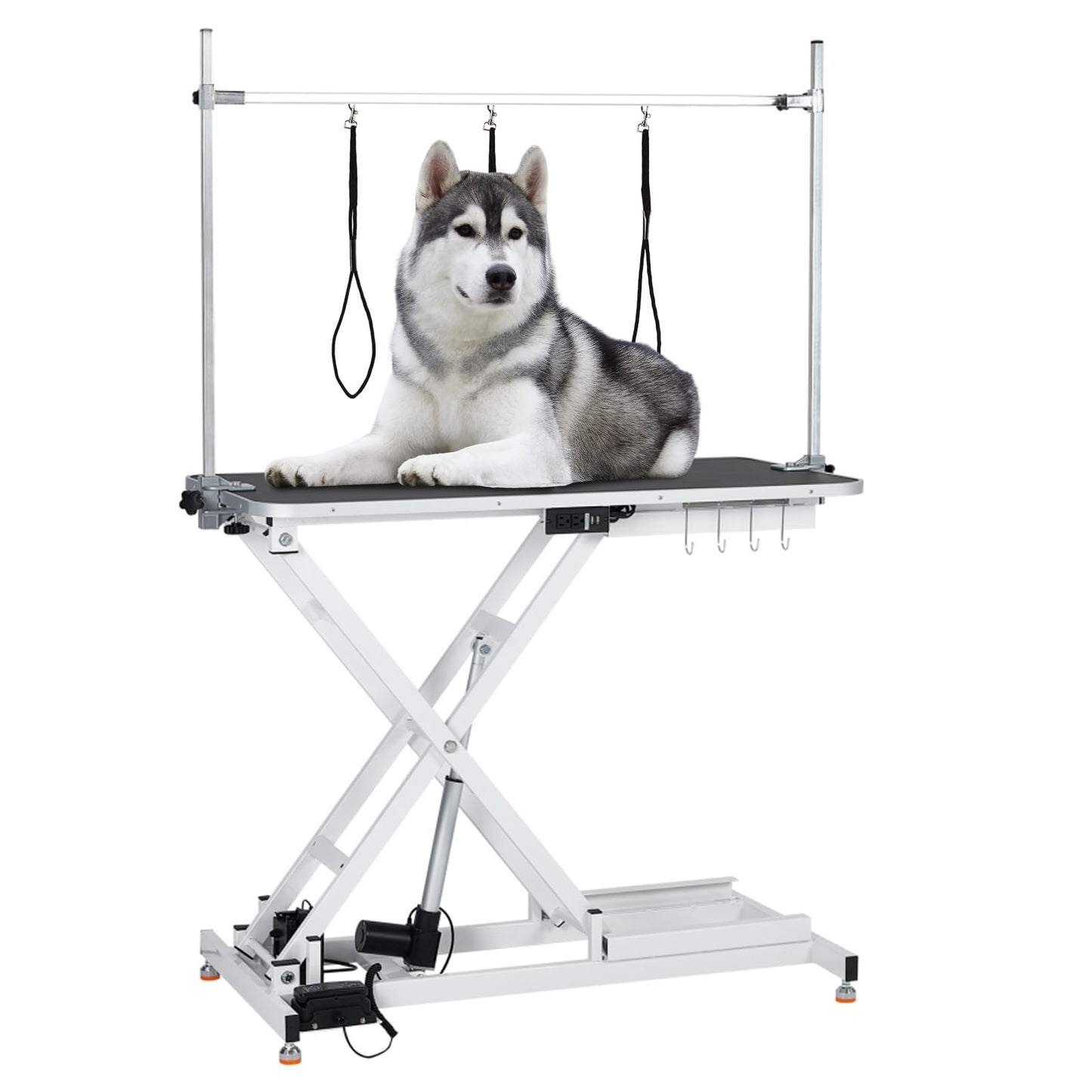 47” Electric Lift Dog Grooming Table (White), Heavy Duty Electric Grooming Arm Table for Pets & Large Dogs Adjustable Height: 9.4"-39.4" Non-slip Desktop with Gantry Crane Set, Fixture *4 Noose*2