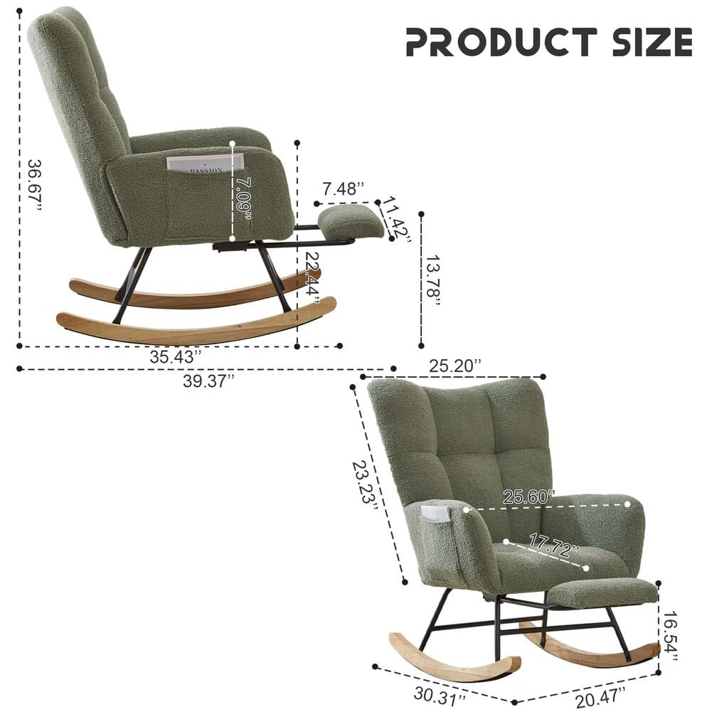 ETCZOYE Nursery Rocking Chair Teddy Upholstered Glider Rocker with Footrest Accent Chair with High Backrest Armchair Comfy Side Pocket Chair for Living Room, Bedroom, Offices (Large Green) ETCZOYE
