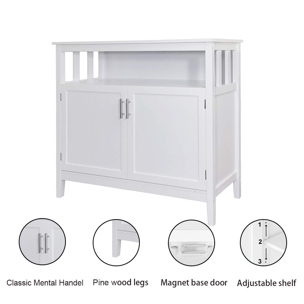 RASOO Buffet Cabinet White Kitchen Sideboard Buffet Storage Server Cupboard Cabinet Console Table with 2 Doors and Adjustable Shelf - WoodArtSupply