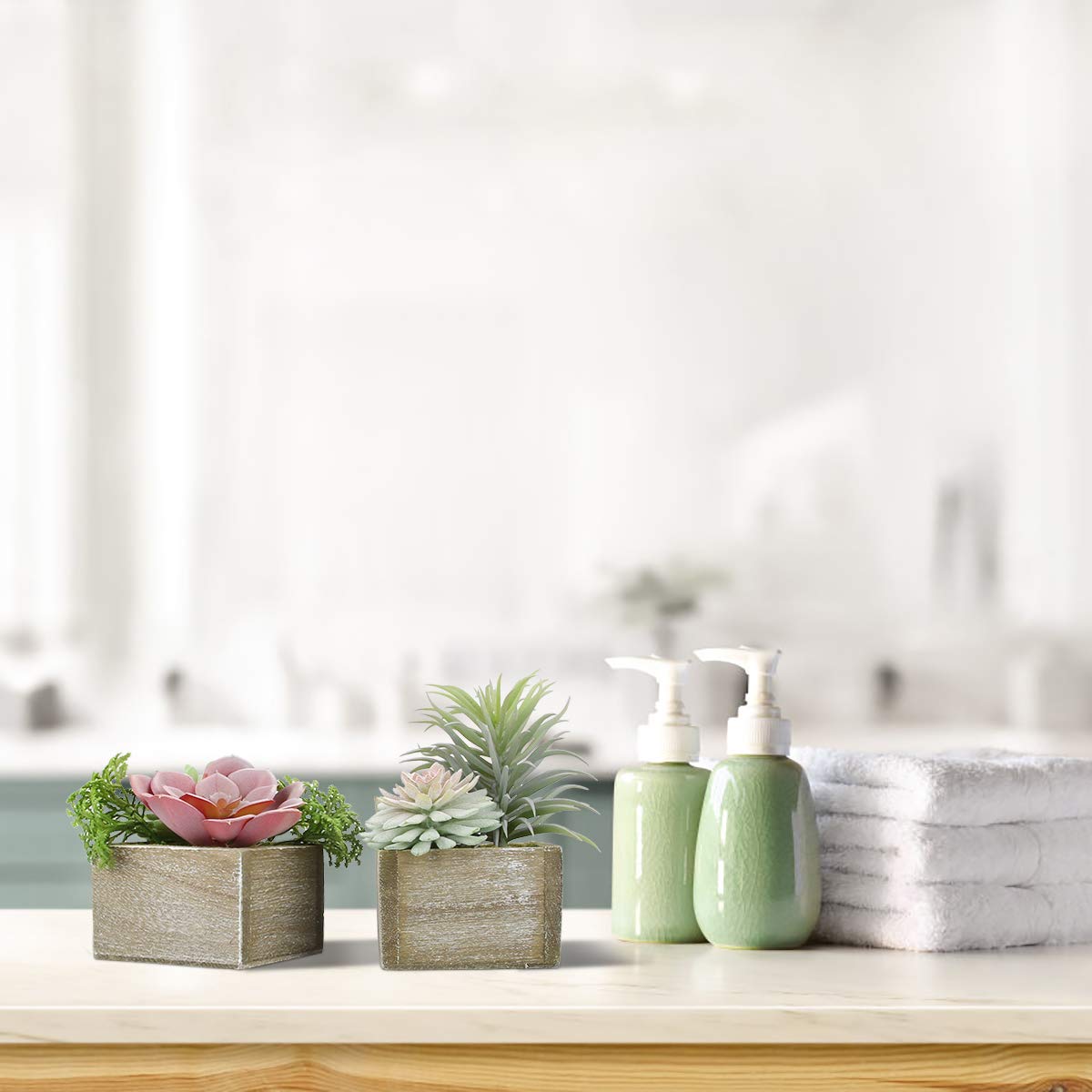 Mingfuxin Succulents Plants Artificial, Mini Assorted Green Fake Plants in Pots, Small Artificial Succulent Plant with Wood Potted for Bathroom Home Office Living Room Table Decor Indoor, Set of 3 Mingfuxin