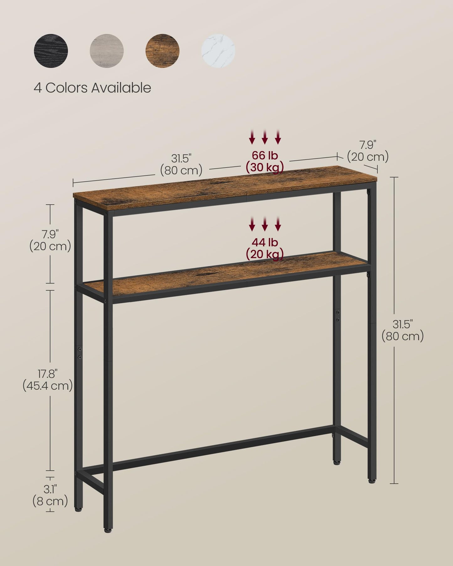 VASAGLE Console Table, 2-Tier Sofa Table, 7.9 x 31.5 x 31.5 Inches, Narrow Entryway Table, Modern Entry Table with 2 Shelves, for Living Room, Bedroom, Rustic Brown and Ink Black ULNT130K01