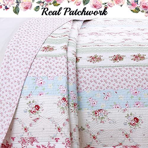 Cozy Line Home Fashions 100% Cotton Real Patchwork Pink Floral Cottage Shabby Chic Reversible Quilt Bedding Set, Bedspread, Coverlet (Wild Rose, King - 3 Piece) Cozy Line Home Fashions