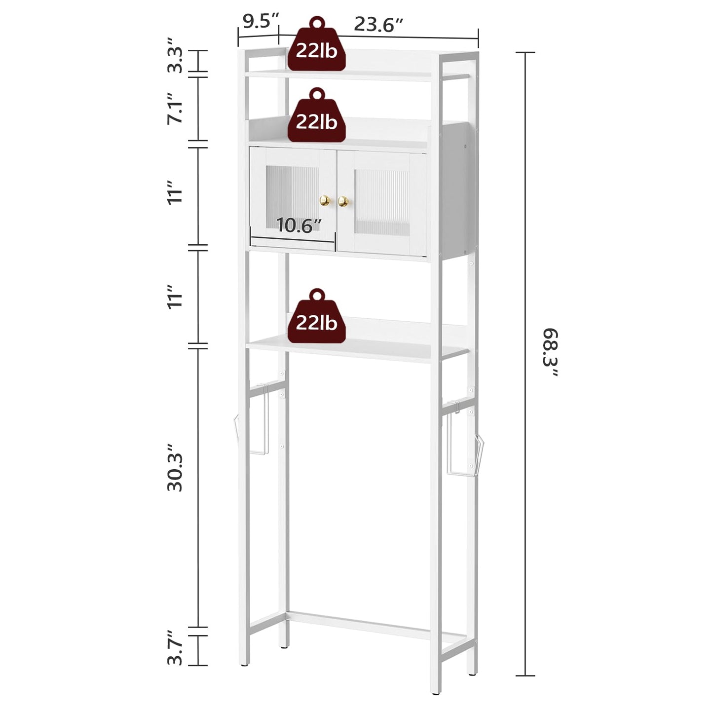 MAHANCRIS Over The Toilet Storage Cabinet, Bathroom Organizer Storage Cabinet with Double Glass Doors, Freestanding Bathroom Storage Rack with Toilet Paper Holder, Space Saver, White TSBW0501