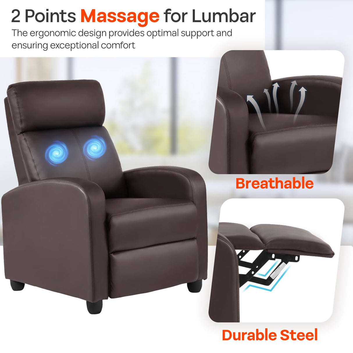 FDW Recliner Chair Massage Chair Reading Chair Reclining Sofa Home Theater Seating with Lumbar Support Massage and Padded Backrest for Living Room and Bedroom (Leather, Brown) FDW