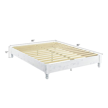 MUSEHOMEINC Solid Wood Platform Bed Frame Rustic Style,Mattress Foundation(no boxspring Needed), White Washed Finish,Queen