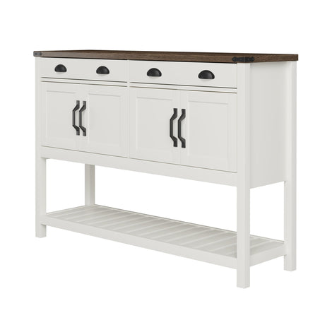 ChooChoo 47" Farmhouse Console Table with Storage, Rustic Entryway Table with Drawers & Doors, Narrow Long Sofa Table for Living Room, Hallway, Behind Couch, Soft White and Brown ChooChoo