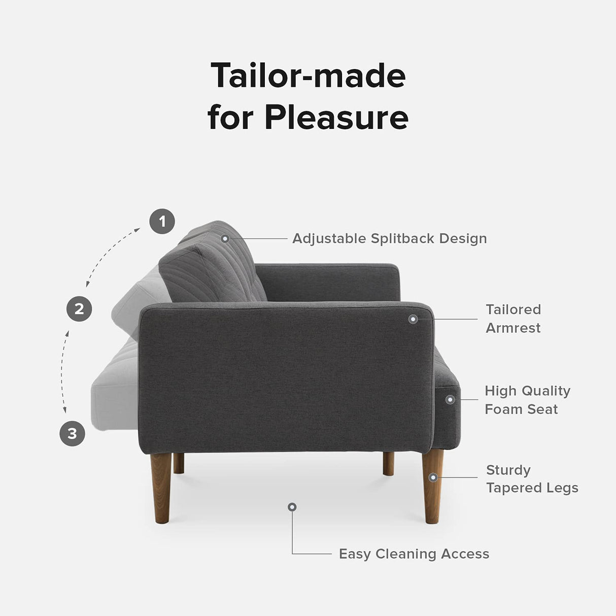 mopio Aaron Couch, Small Sofa, Futon, Sofa Bed, Sleeper Sofa, Loveseat, Mid Century Modern Futon Couch, Sofa Cama, Couches for Living Room, Bedroom (Dark Gray, Fabric) mopio