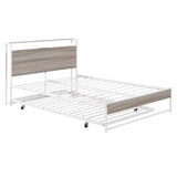 Full Bed Frame with Trundle and Outlet & USB Ports Metal Platform Bed with Wooden Storage Headboard, Full Size Metal Panel Bed with with Shelf, Noise-Free, No Box Spring Needed, White Bellemave