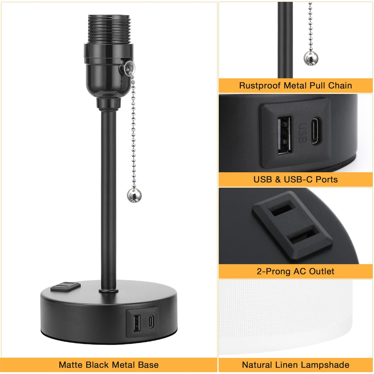 Small Bedside Table lamp for Bedroom - 3 Color Temperatures Bedside Lamps with USB C and A Ports, Pull Chain Table Lamps with AC Outlet, White Nightstand Lamps with Black Metal Base for Kids Reading Dicoool