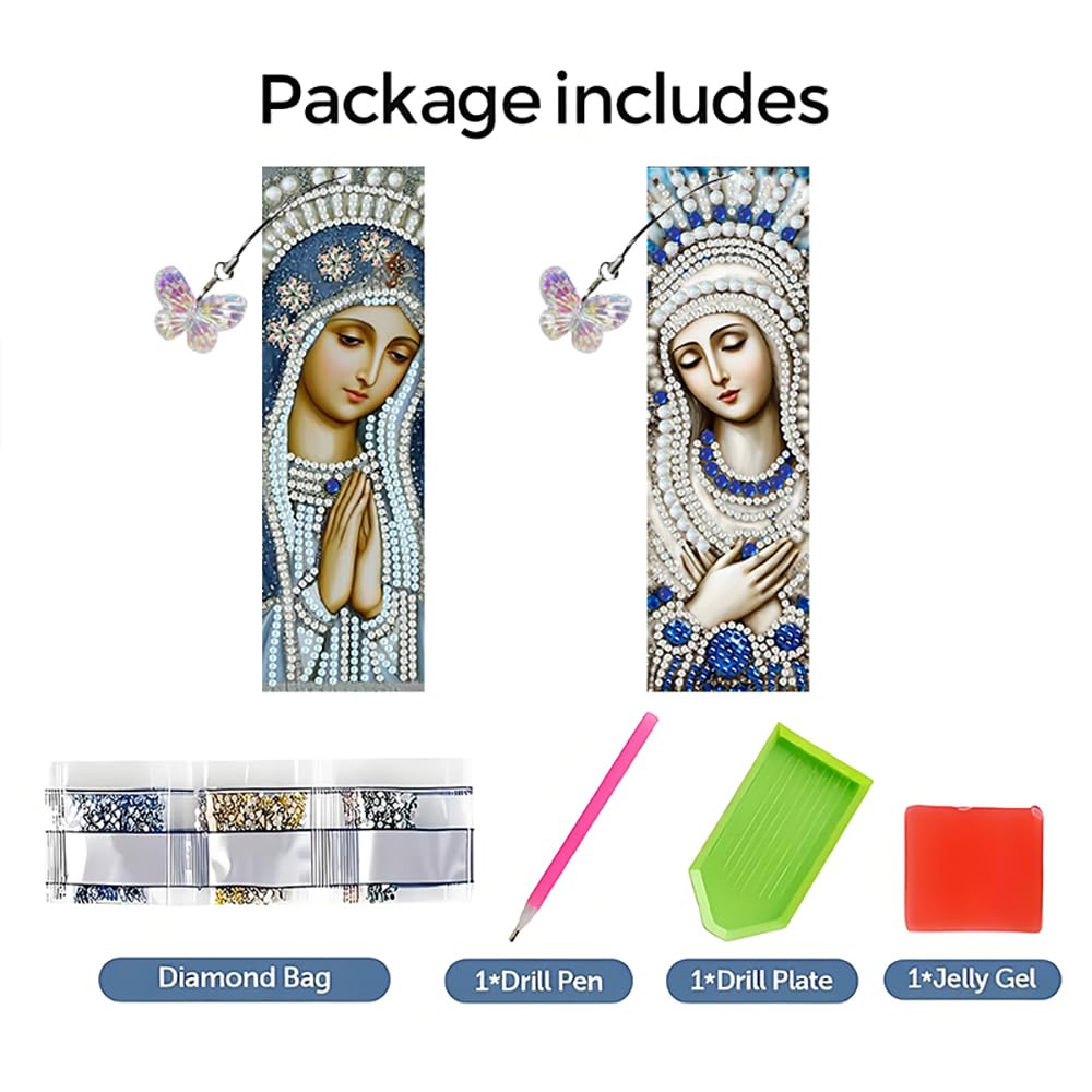 pigpigboss 2 Pieces Religious Virgin Mary Diamond Painting Bookmark Kit, Acrylic Bookmark Diamond Art Dots for Adult, Praying Virgin Mary Book Marks Paint with Diamonds for Book Decor pigpigboss