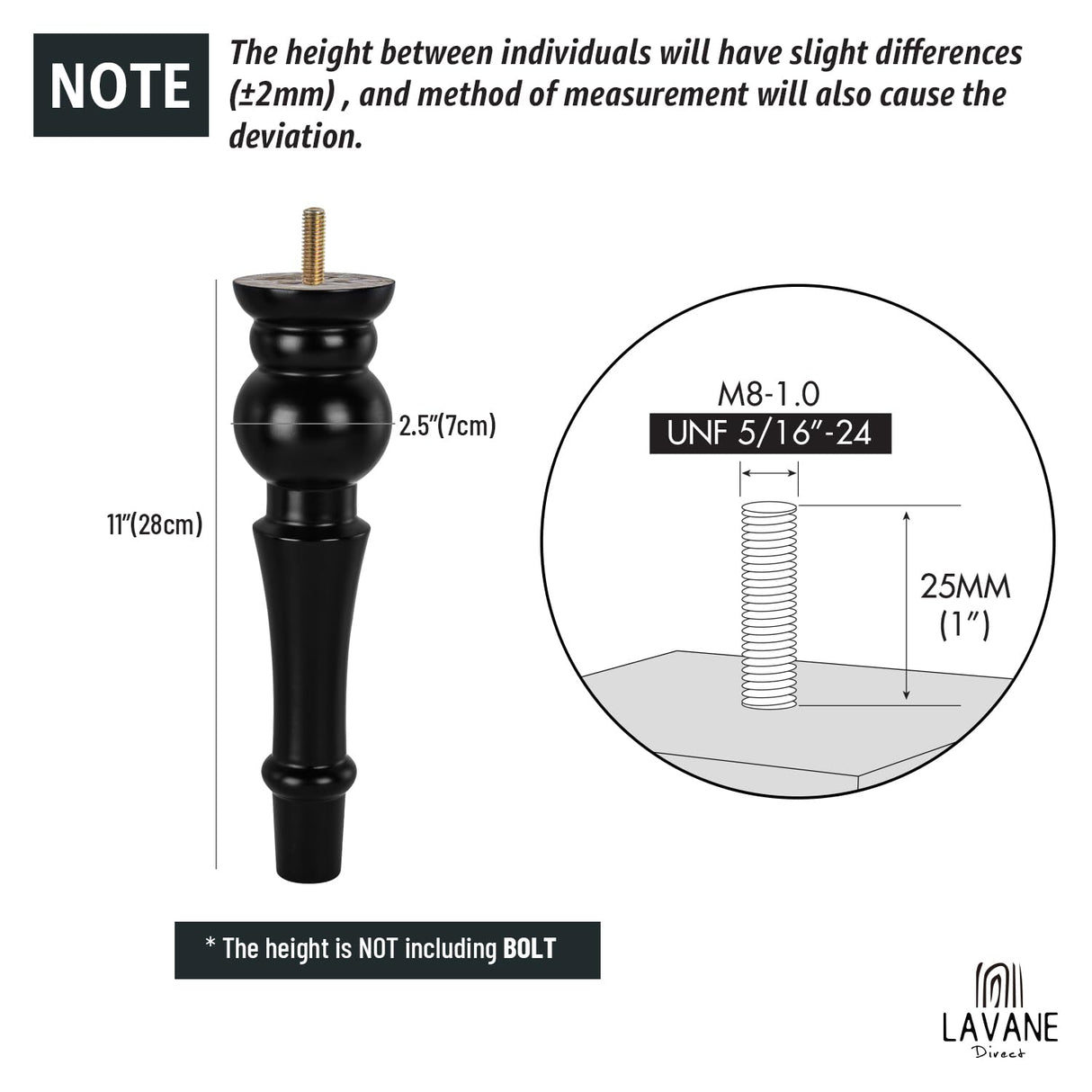 La Vane 11 inch / 28cm Wooden Furniture Legs, 4PCS Soild Wood Turned Spindle Black Replacement Spool Feet with Pre-Drilled M8 Inch Bolt & Mounting Plate for Couch Sofa Armchair Dresser Chest La Vane
