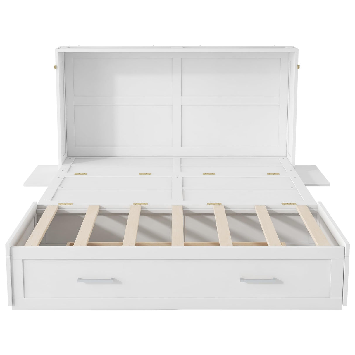 Ball & Cast Mobile Murphy Bed Queen Size with A Big Storage Drawer and 2 Bedside Shelves on Each Side,Hideaway Foldable Fold-Down Bed w/Slat Support,Space-Saving Bedframe for Bedroom,White Ball & Cast