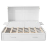 Ball & Cast Mobile Murphy Bed Queen Size with A Big Storage Drawer and 2 Bedside Shelves on Each Side,Hideaway Foldable Fold-Down Bed w/Slat Support,Space-Saving Bedframe for Bedroom,White Ball & Cast