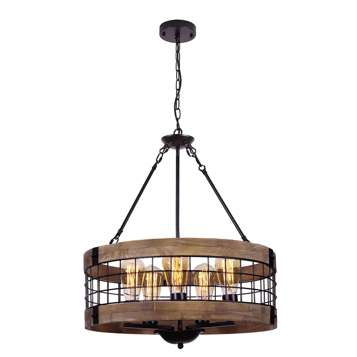 LamQee 5-Lights Rustic Farmhouse Chandeliers for Dining Room Over Table Wood and Metal Chandelier for Foyer Round Wooden Lights Fixture Large Drum Hanging Lighting Entryway Hallway Kitchen 18.9 Inch LamQee