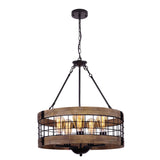 LamQee 5-Lights Rustic Farmhouse Chandeliers for Dining Room Over Table Wood and Metal Chandelier for Foyer Round Wooden Lights Fixture Large Drum Hanging Lighting Entryway Hallway Kitchen 18.9 Inch LamQee