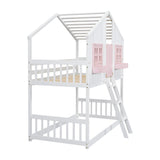 Bellemave Twin Over Twin House Bunk Bed, Wood Bunk Beds with Roof, Windows, Window Box and Small Door, Floor Bunk Beds with Ladder and Guard Rails for Kids (Pink+White) Bellemave